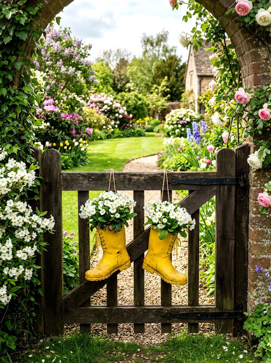 Rain Boot Flower Planter - 25 Spring Wooden Gate Decor Ideas