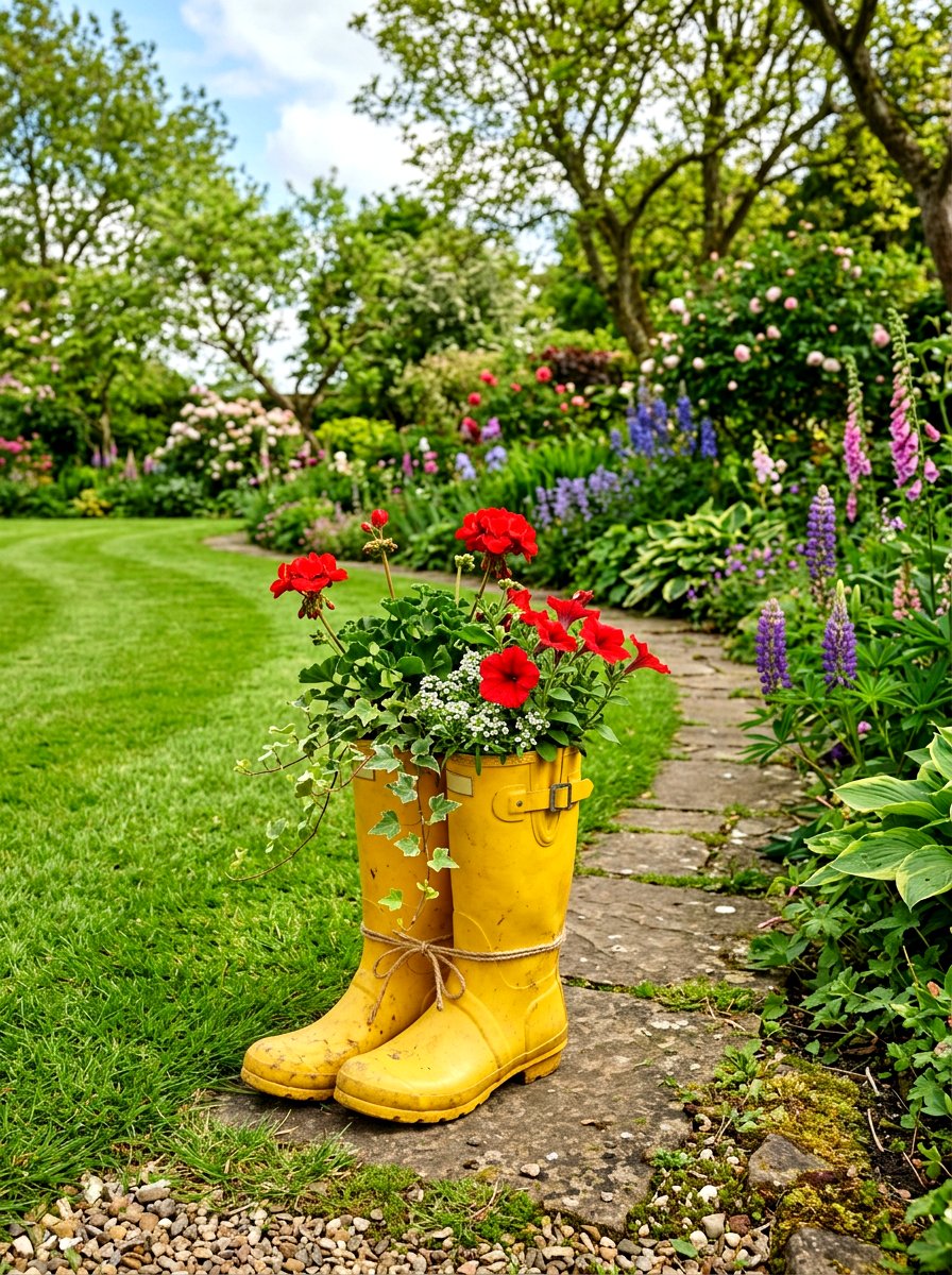 Rain Boot Garden Planter - 25 Spring Upcycled Decor Ideas