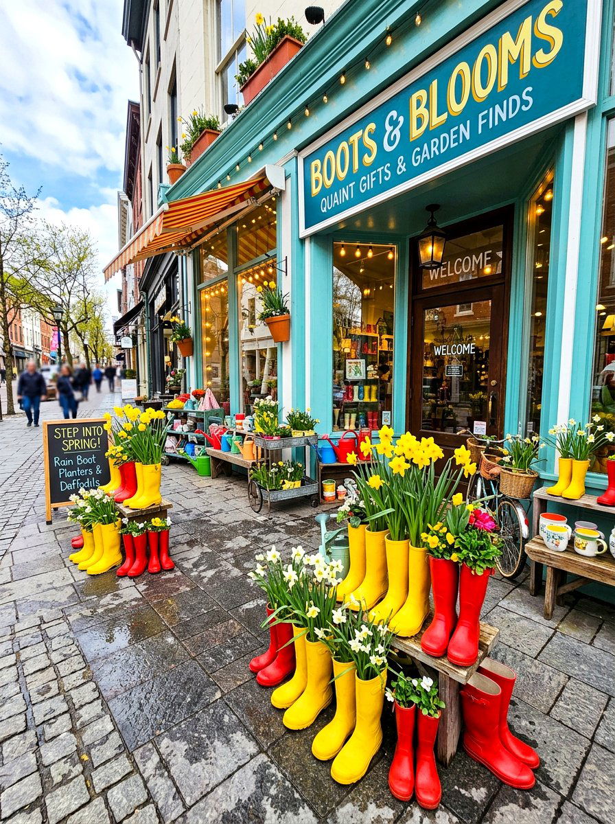 Rain Boot Planter - 25 Spring Store Window Ideas
