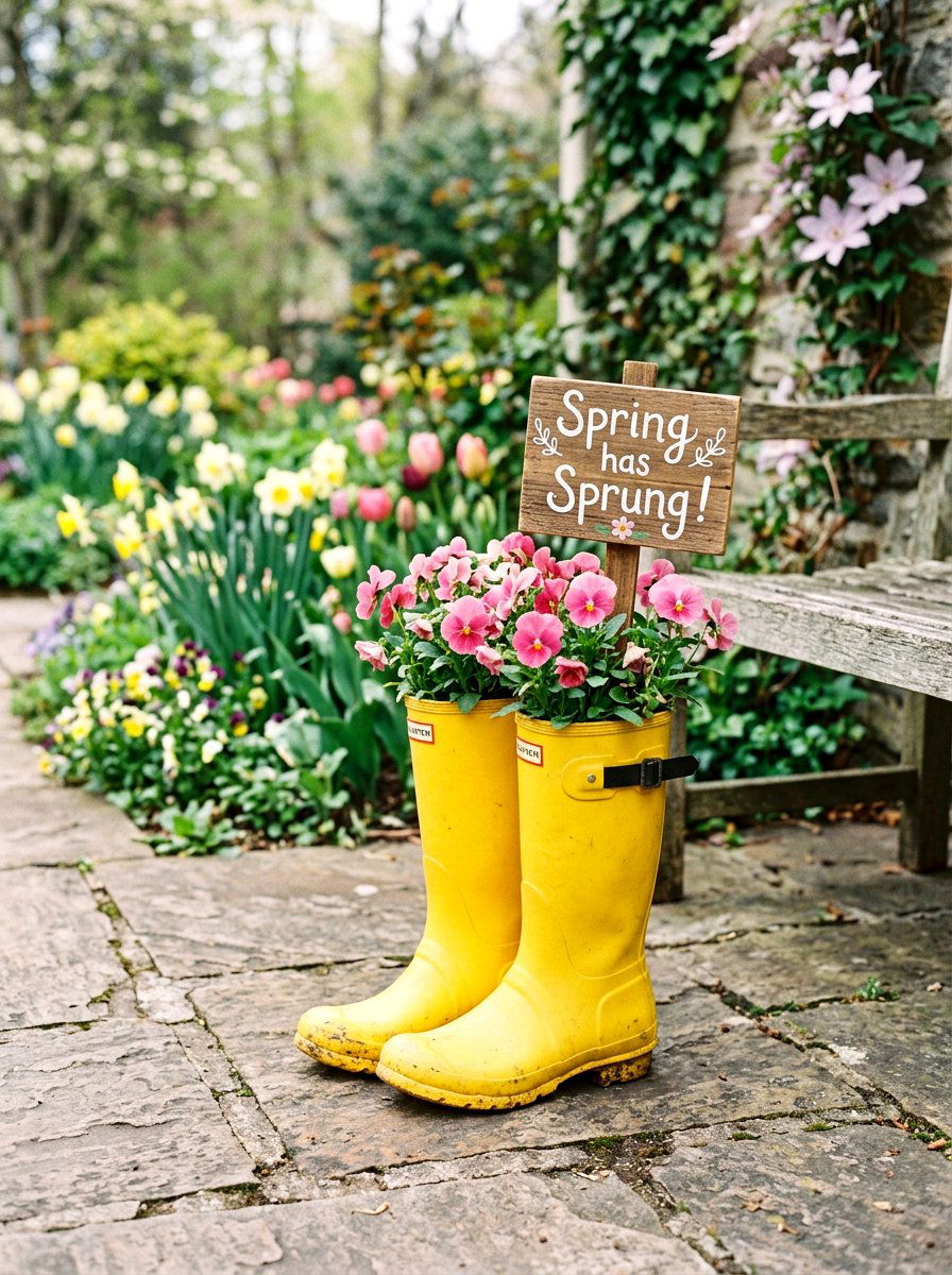 Rain Boot Planter Sign - 25 Spring Outdoor Sign Ideas
