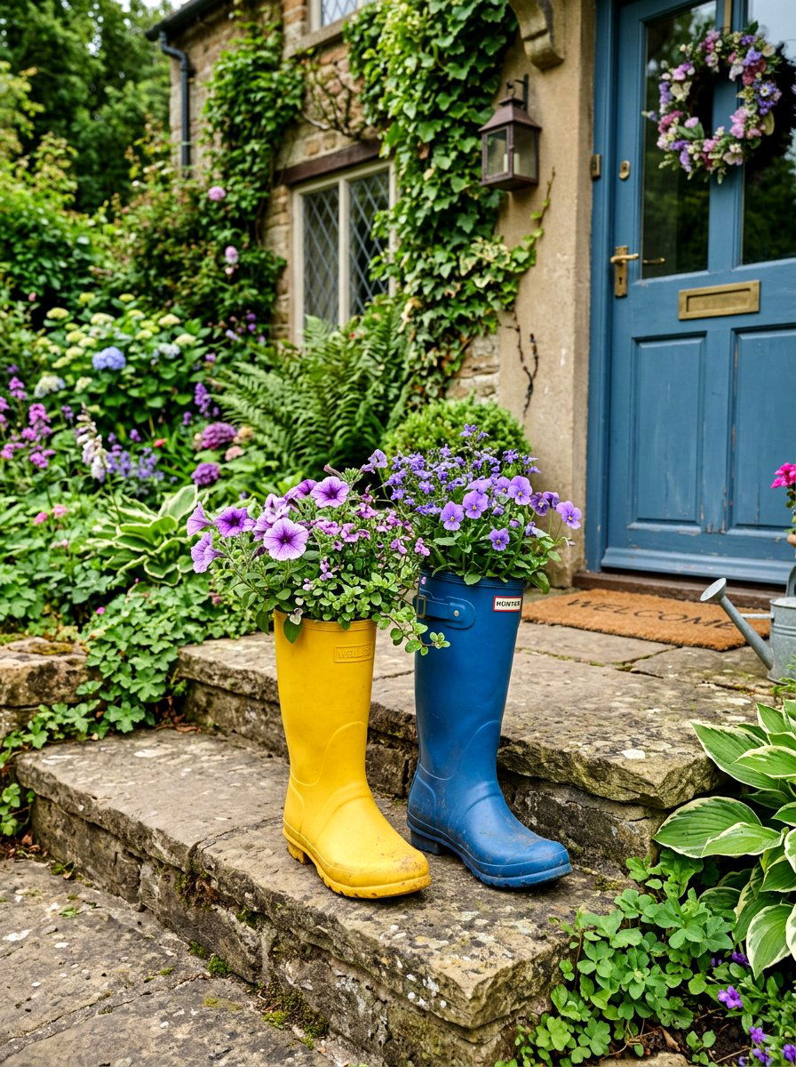 Rain Boot Planters - 25 Spring Front Porch Decor Ideas
