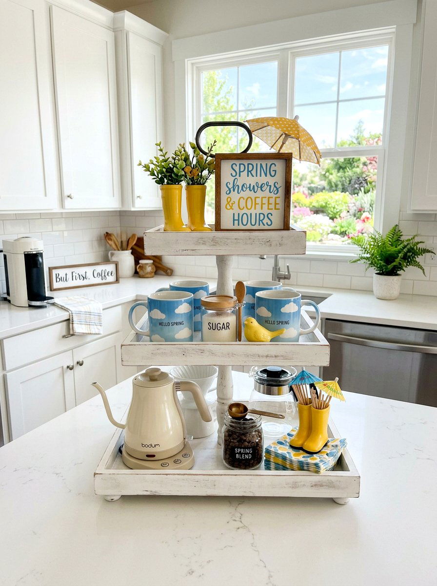 Rain Boot Tiered Tray - 25 Spring Coffee Bar Tiered Tray Ideas