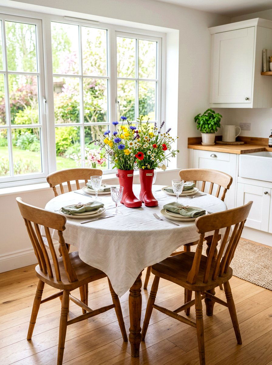 Rain boot centerpiece for kitchen table - 25 Spring Rain Boot Decor Ideas