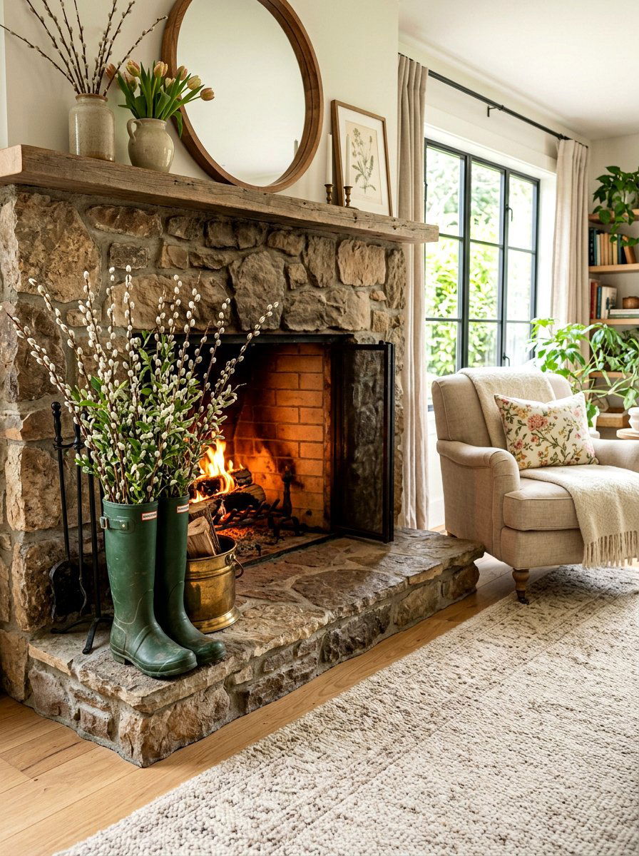 Rain boot decor for fireplace hearth - 25 Spring Rain Boot Decor Ideas