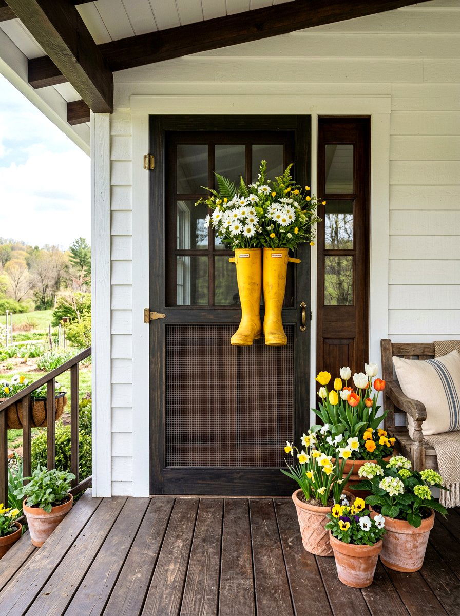 Rain boot door planter - 25 Spring Screen Door Decor Ideas