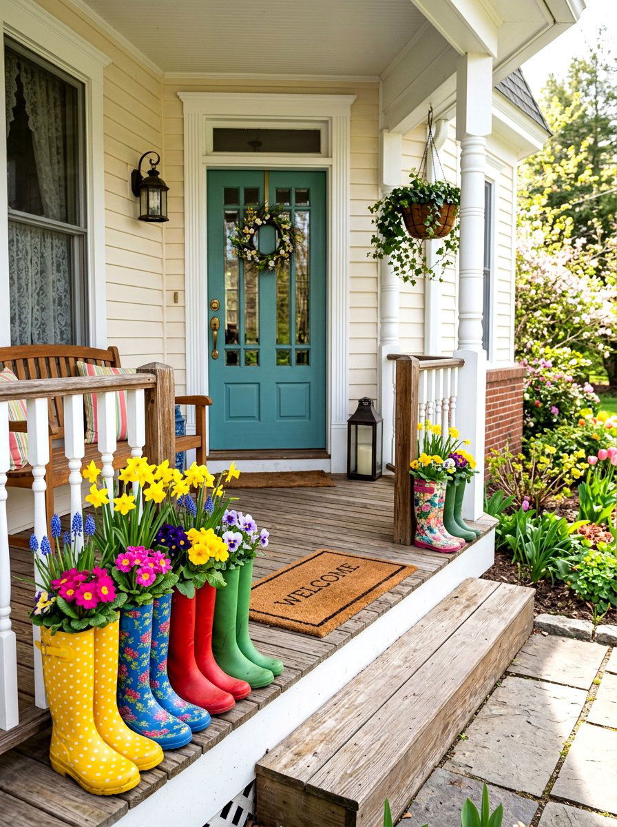 Rain boot flower planter - 25 Spring Recycled Decor Ideas