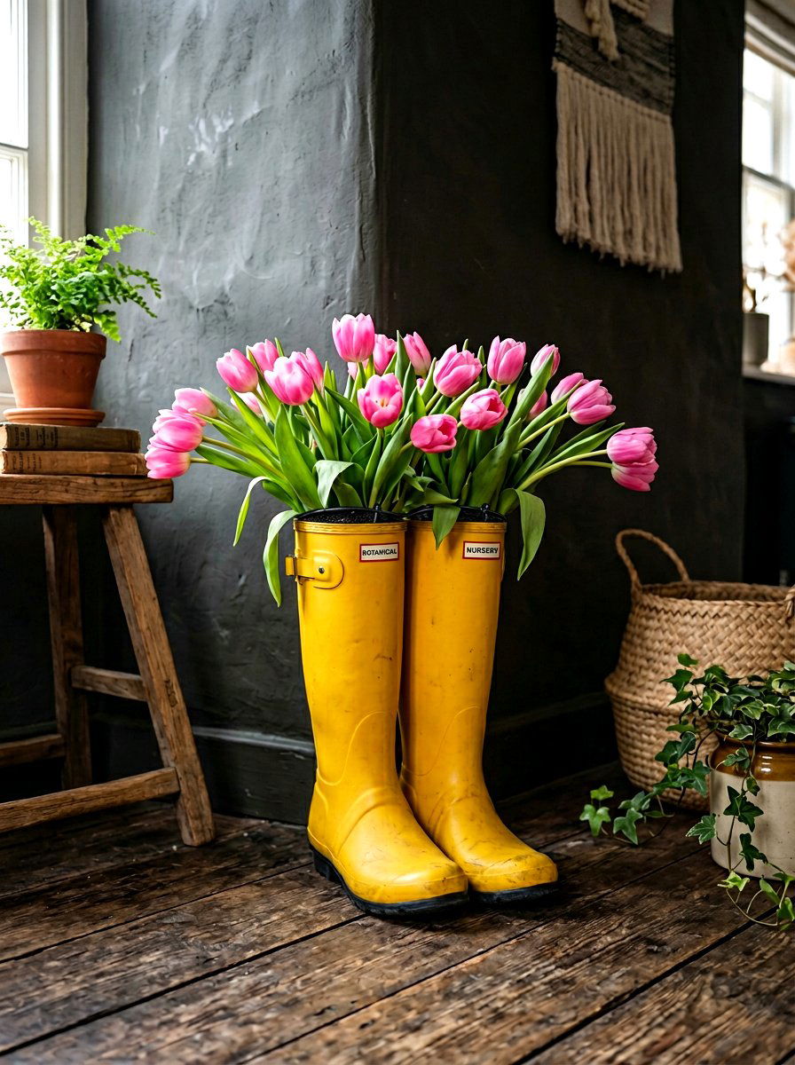 Rain boot flower pot - 25 Spring Porch Corner Decor Ideas