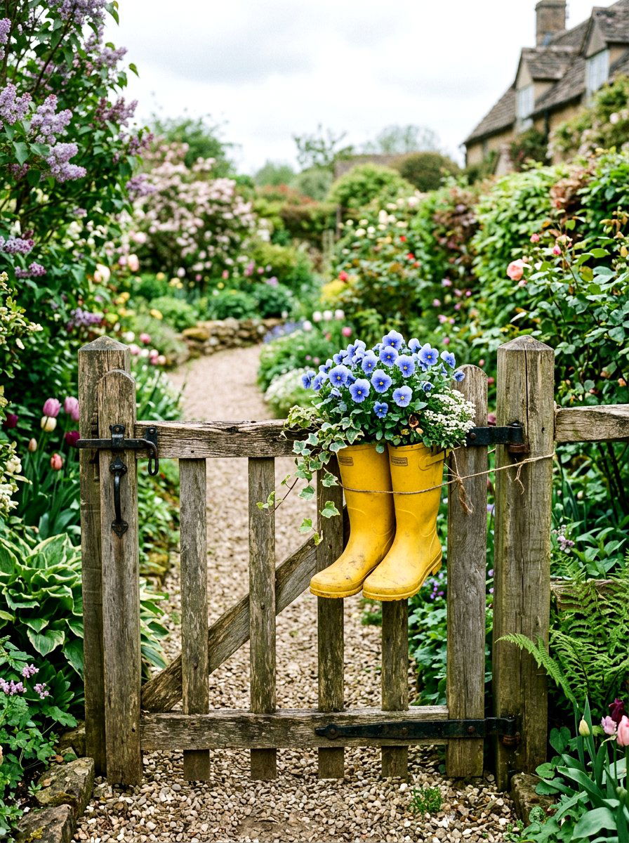 Rain boot gate planter - 25 Spring Garden Gate Decor Ideas