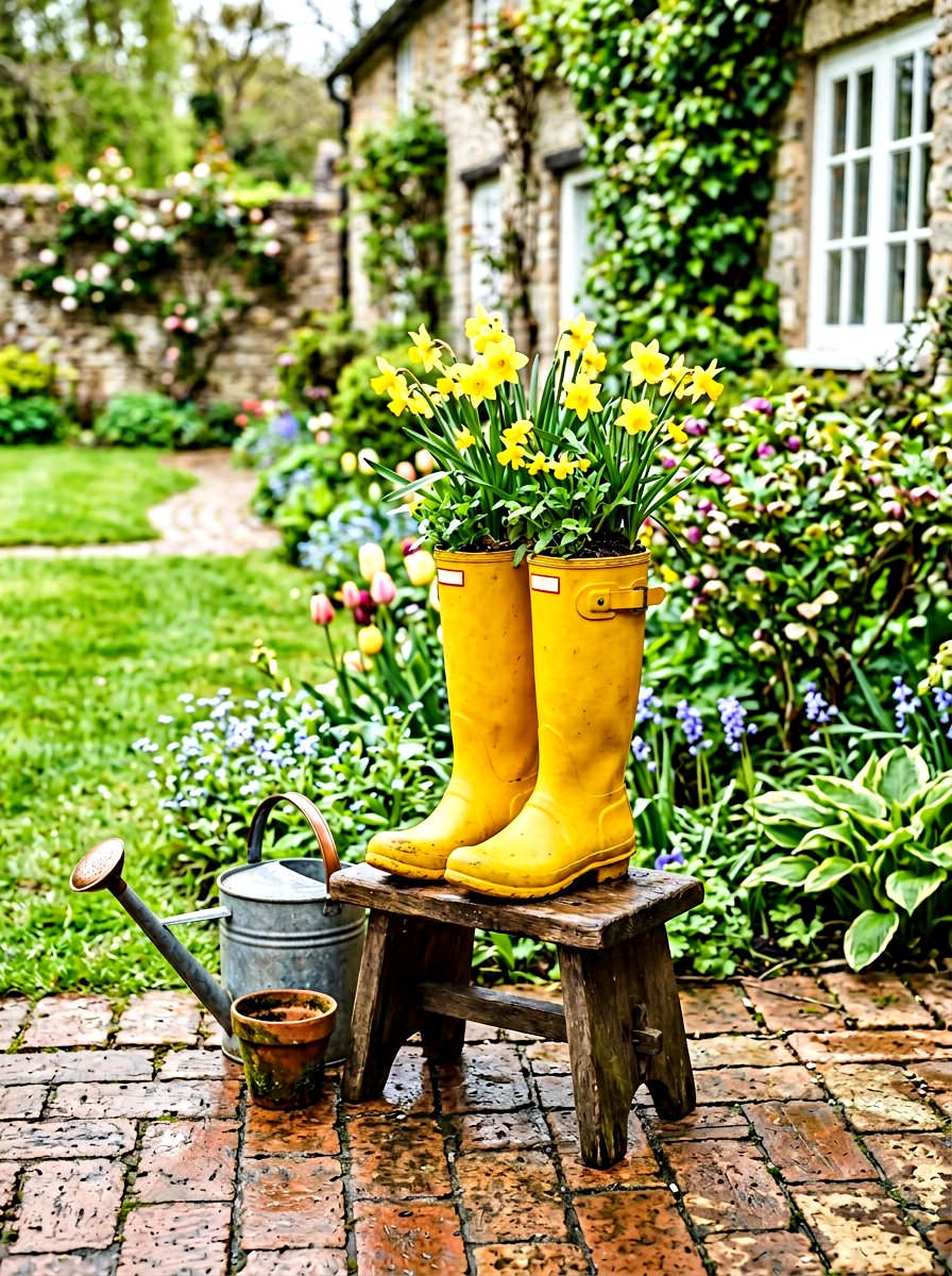 Rain boot planter - 25 Outdoor Spring Decor Ideas for Front Porch