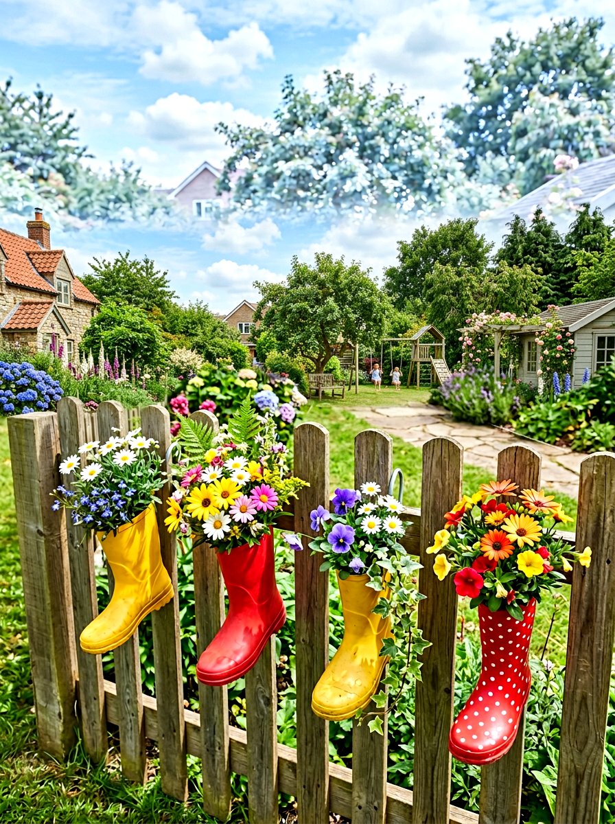 Rain boot planters - 25 Spring Fence Line Decor Ideas
