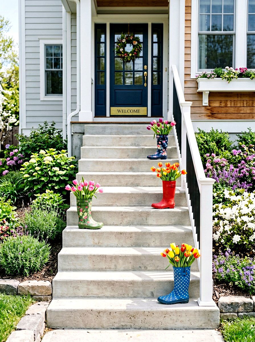 Rain boot steps decor - 25 Spring Rain Boot Decor Ideas