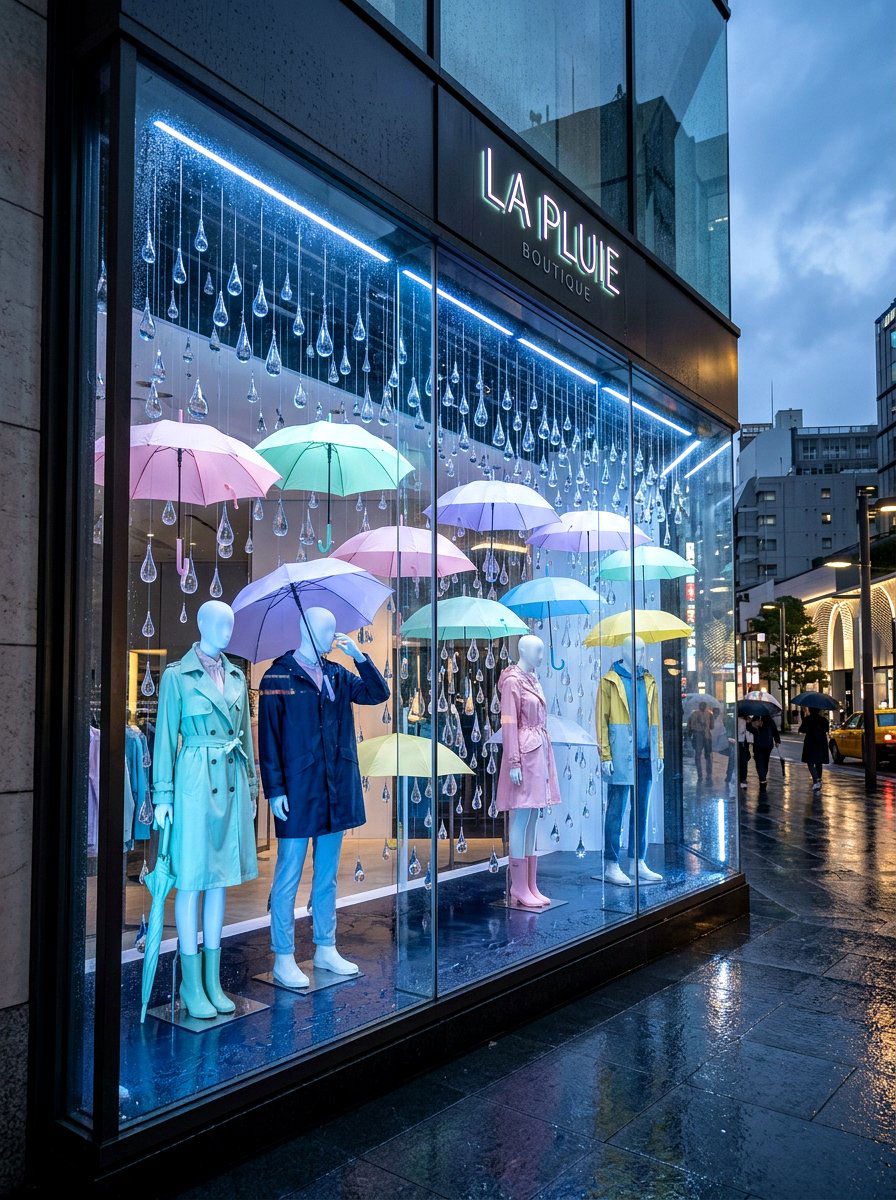 Rain shower window theme - 25 Spring Visual Merchandising Ideas