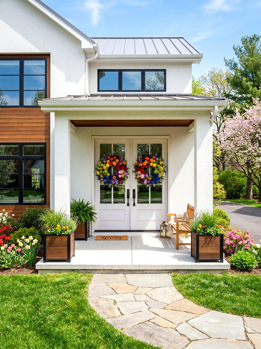 Rainbow Floral Wreath - 25 Spring Double Door Wreath Ideas