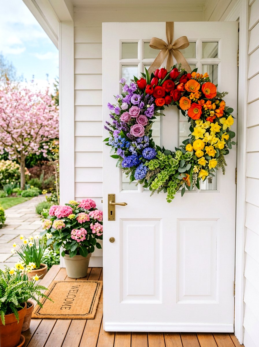 Rainbow Flower Wreath - 25 Spring Wreath Ideas for Front Door