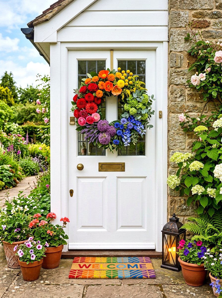 Rainbow Flower Wreath - 25 Spring Outdoor Wreath Ideas