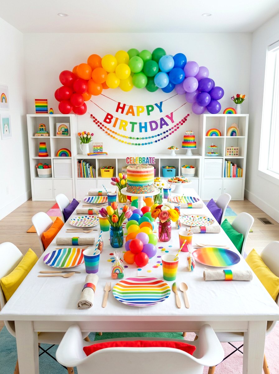 Rainbow Party Setting - 25 Spring Kids Table Decor Ideas