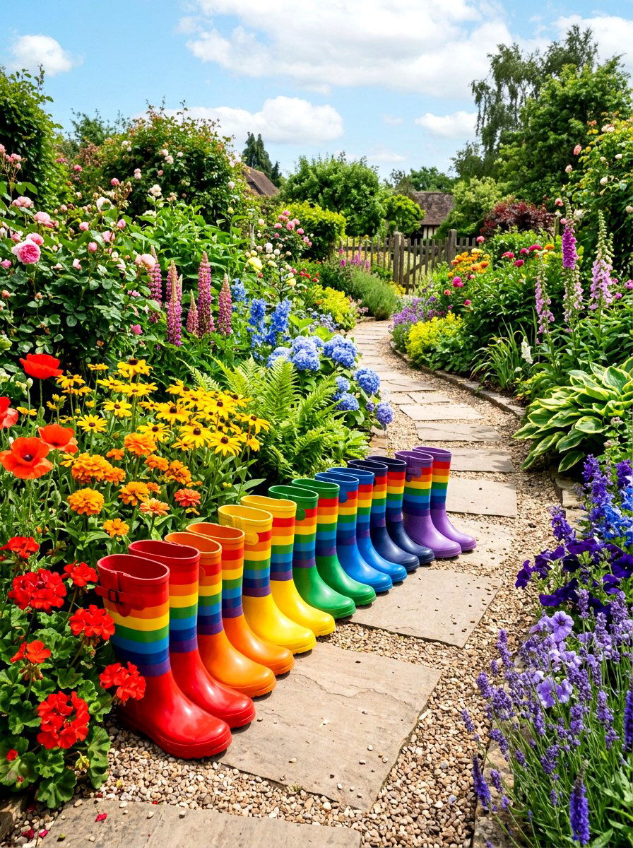 Rainbow Rain Boot Garden - 25 Spring Rain Boot Planter Ideas