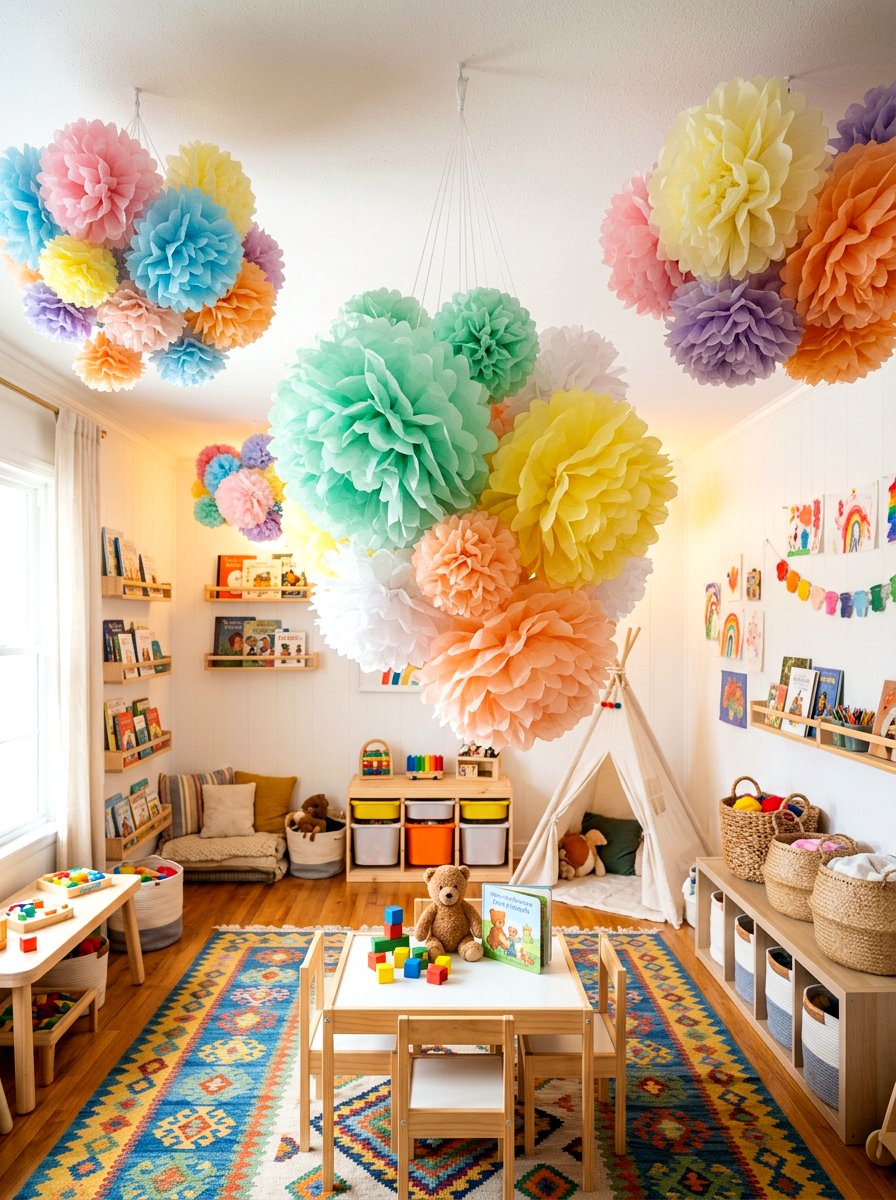Rainbow Tissue Pom Pom - 25 Spring Backdrop Ideas