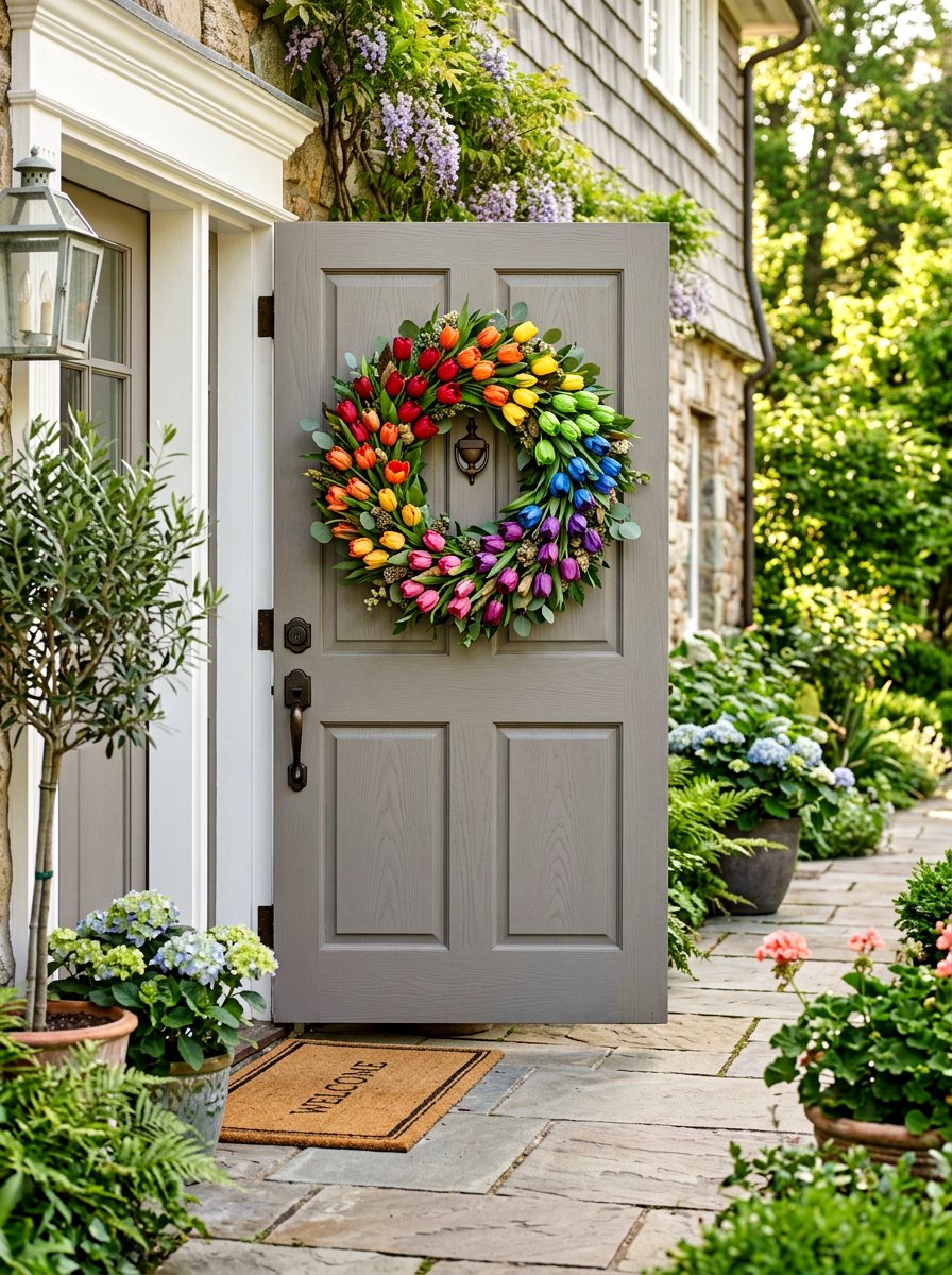Rainbow Tulip Wreath - 25 Spring Tulip Wreath Ideas
