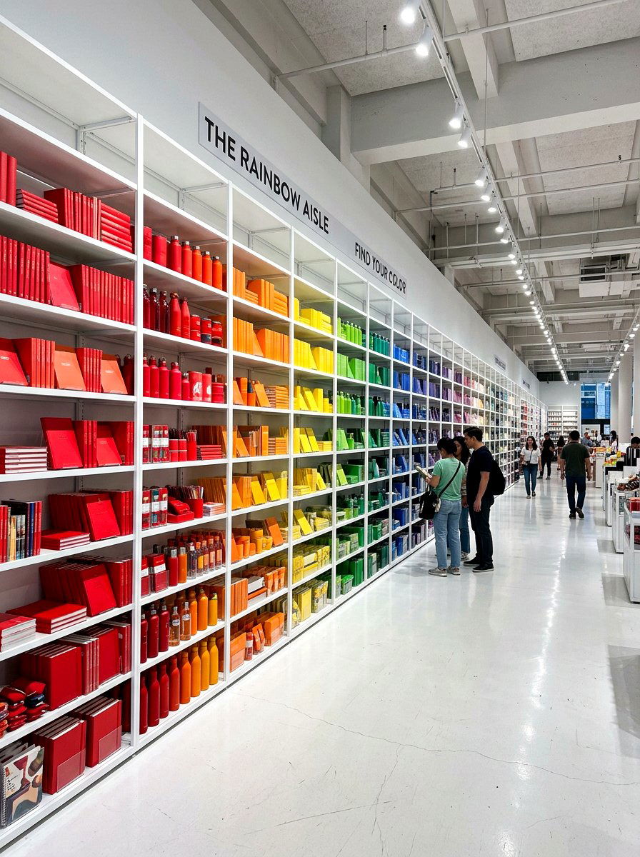 Rainbow color block shelving - 25 Spring Visual Merchandising Ideas