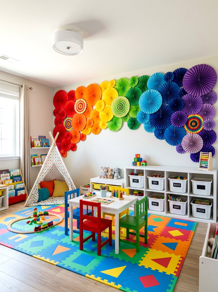 Rainbow paper fan backdrop - 25 Spring Paper Fan Decor Ideas