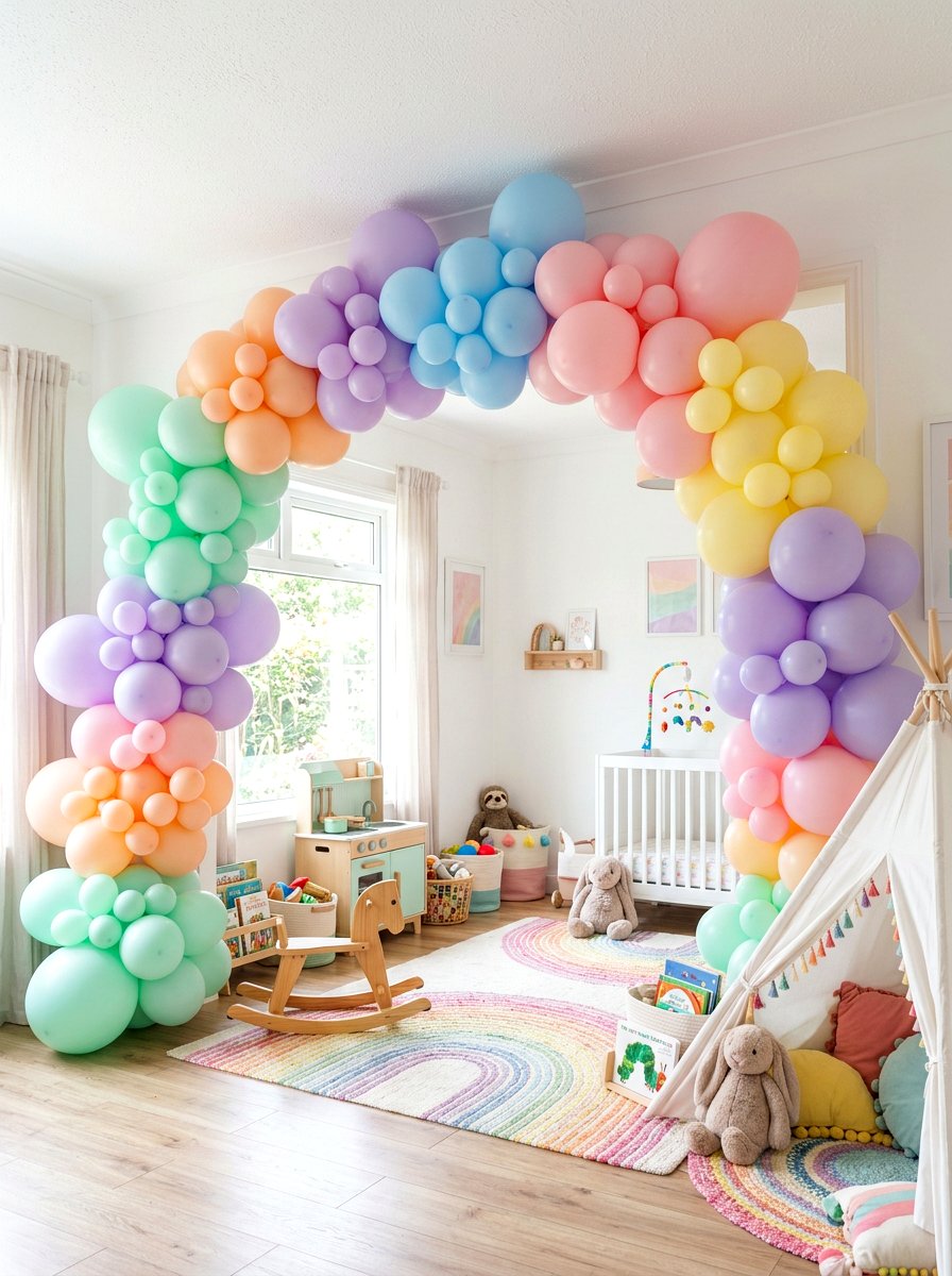 Rainbow pastel balloon arch - 25 Spring Balloon Arch Ideas