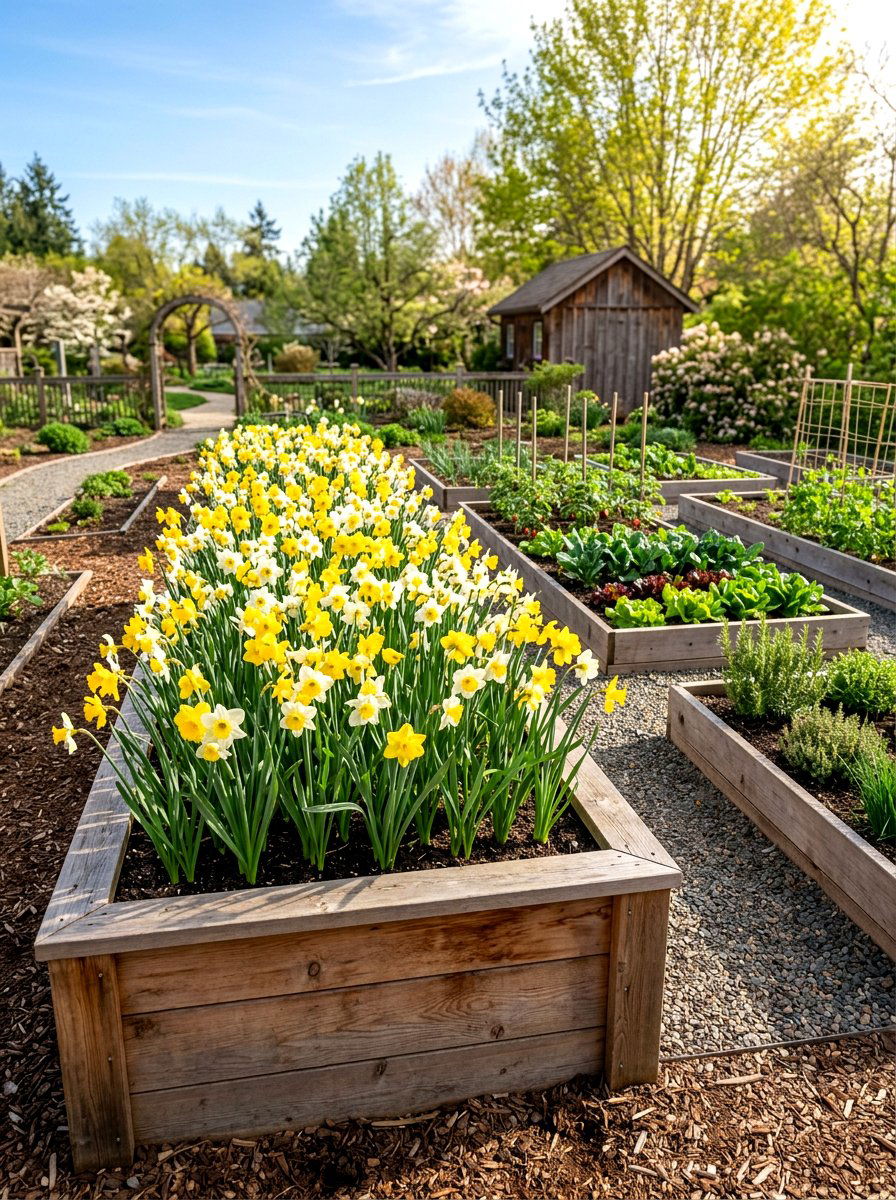 Raised Wooden Bed - 25 Spring Daffodil Garden Ideas