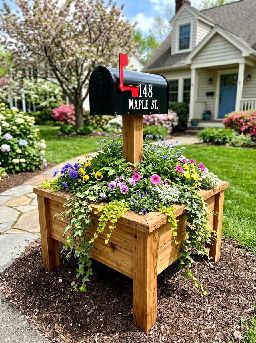 Raised Wooden Planter - 25 Spring Mailbox Garden Ideas