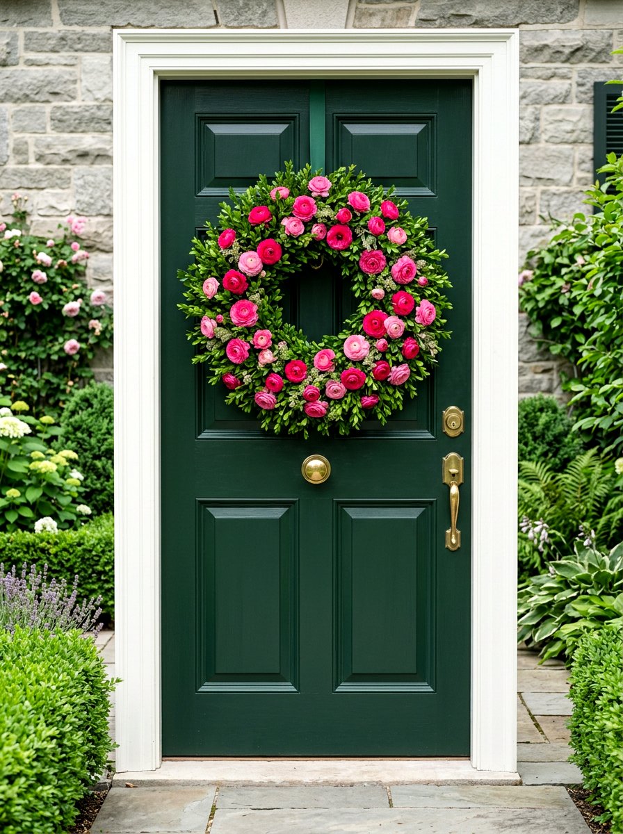 Ranunculus And Boxwood Wreath - 25 Spring Fresh Floral Wreath Ideas
