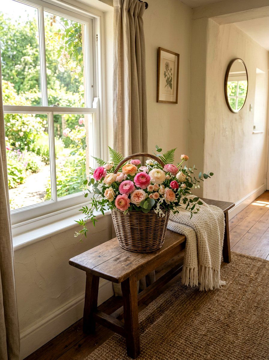 Ranunculus Roses Floral Basket - 25 Spring Ranunculus Arrangement Ideas