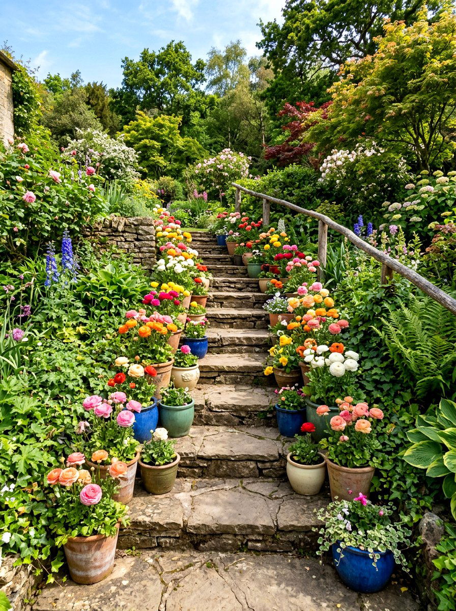 Ranunculus Steps Decoration - 25 Spring Ranunculus Planter Ideas