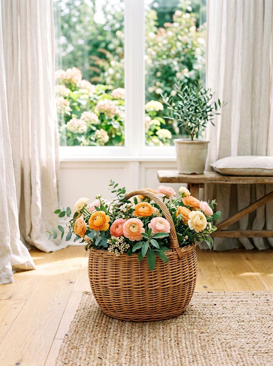 Ranunculus Wicker Basket - 25 Spring Ranunculus Planter Ideas