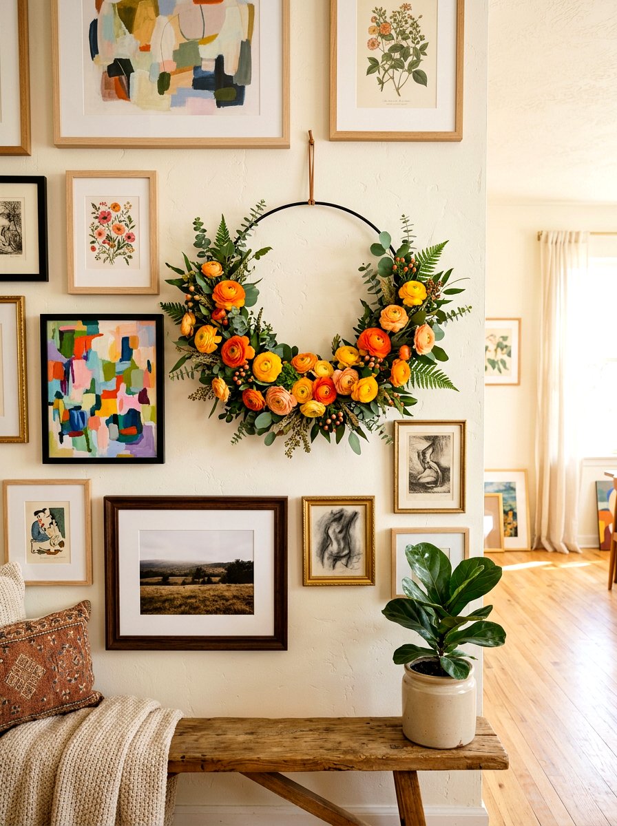 Ranunculus floral hoop wreath - 25 Spring Half Wreath Ideas