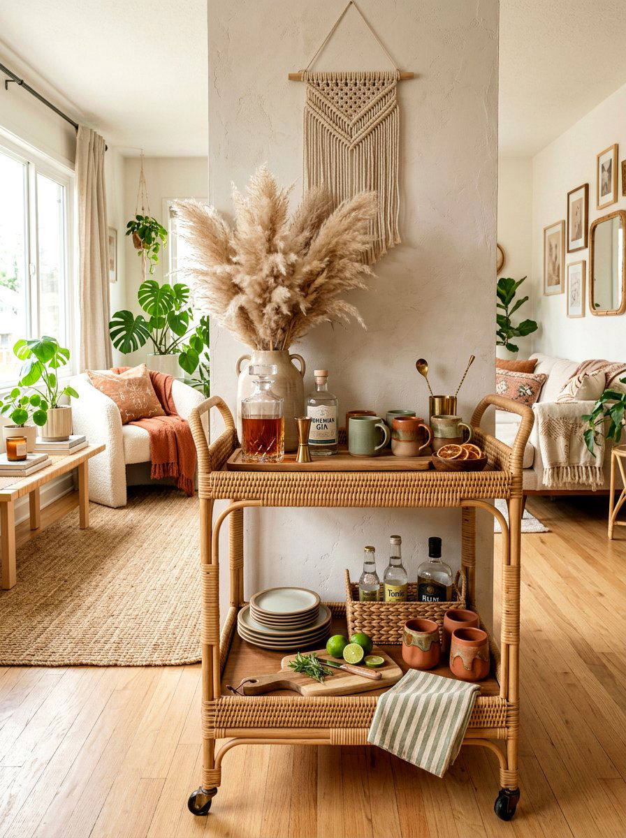 Rattan Bar Cart Styling - 25 Spring Bar Cart Decor Ideas