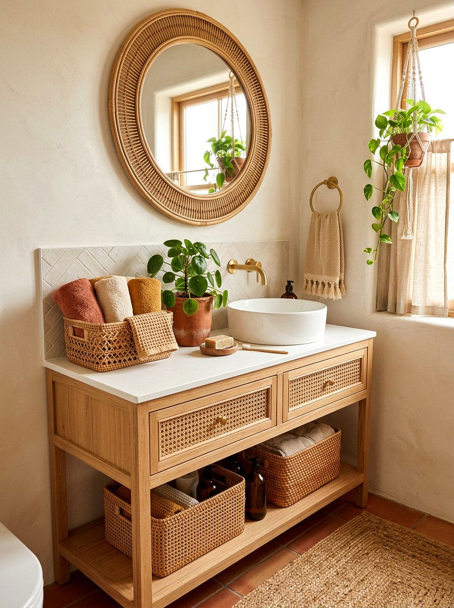 Rattan Bathroom Basket - 25 Spring Bathroom Counter Decor Ideas