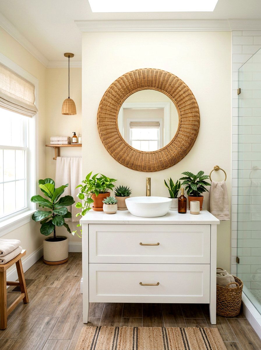 Rattan Bathroom Mirror - 25 Spring Bathroom Refresh Ideas