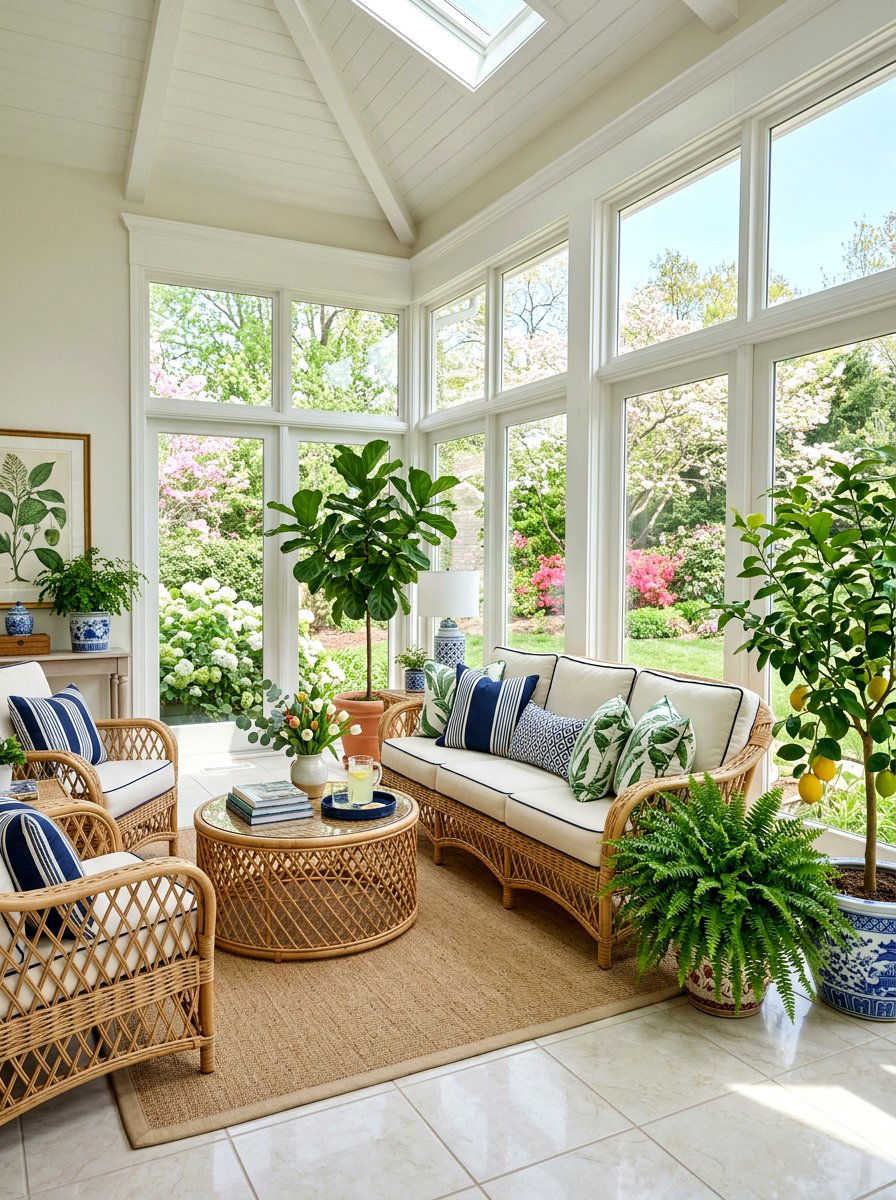 Rattan Furniture Sunroom - 25 Spring Preppy Decor Ideas