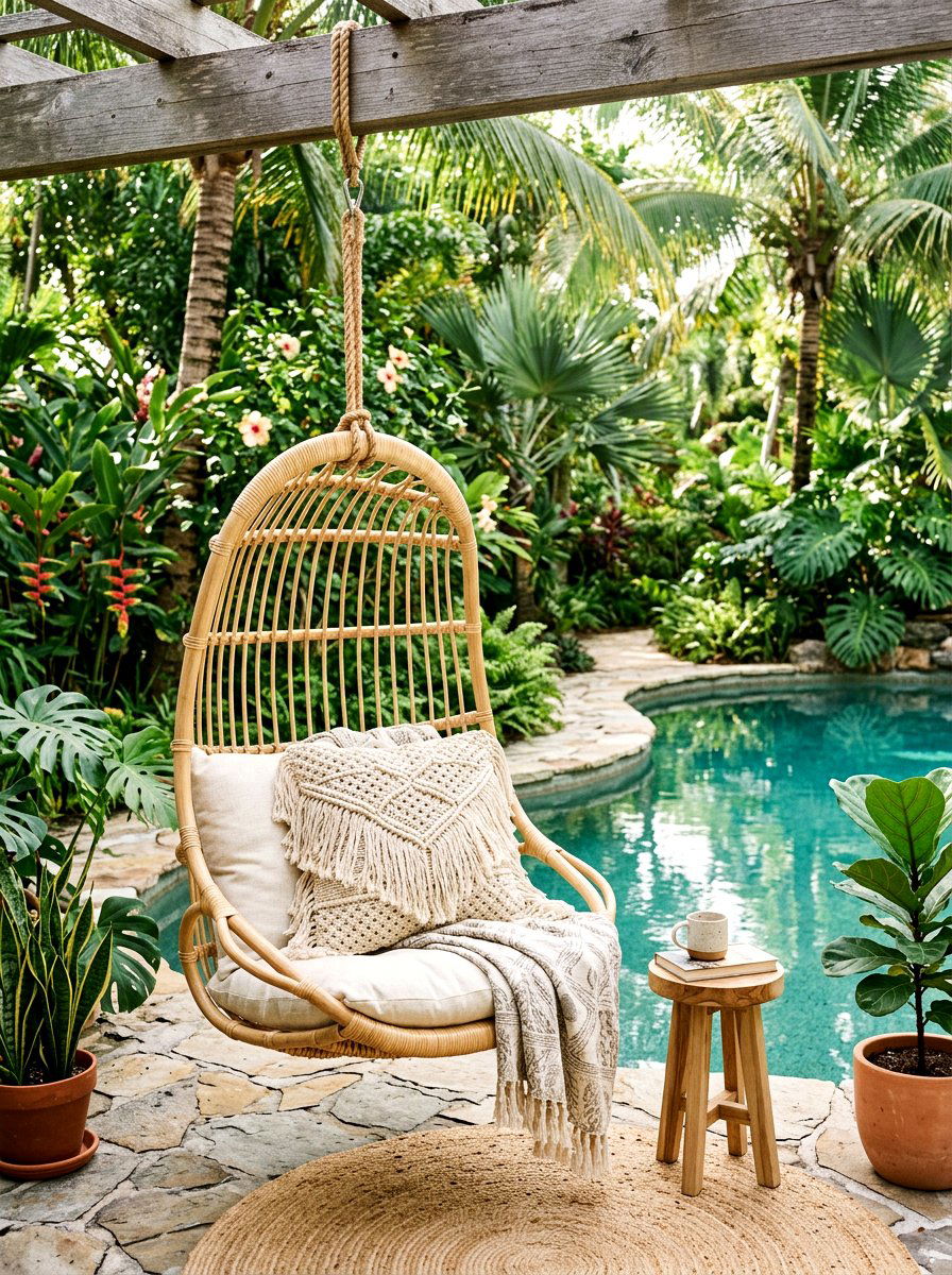 Rattan Hanging Chair - 25 Spring Pool Area Decor Ideas