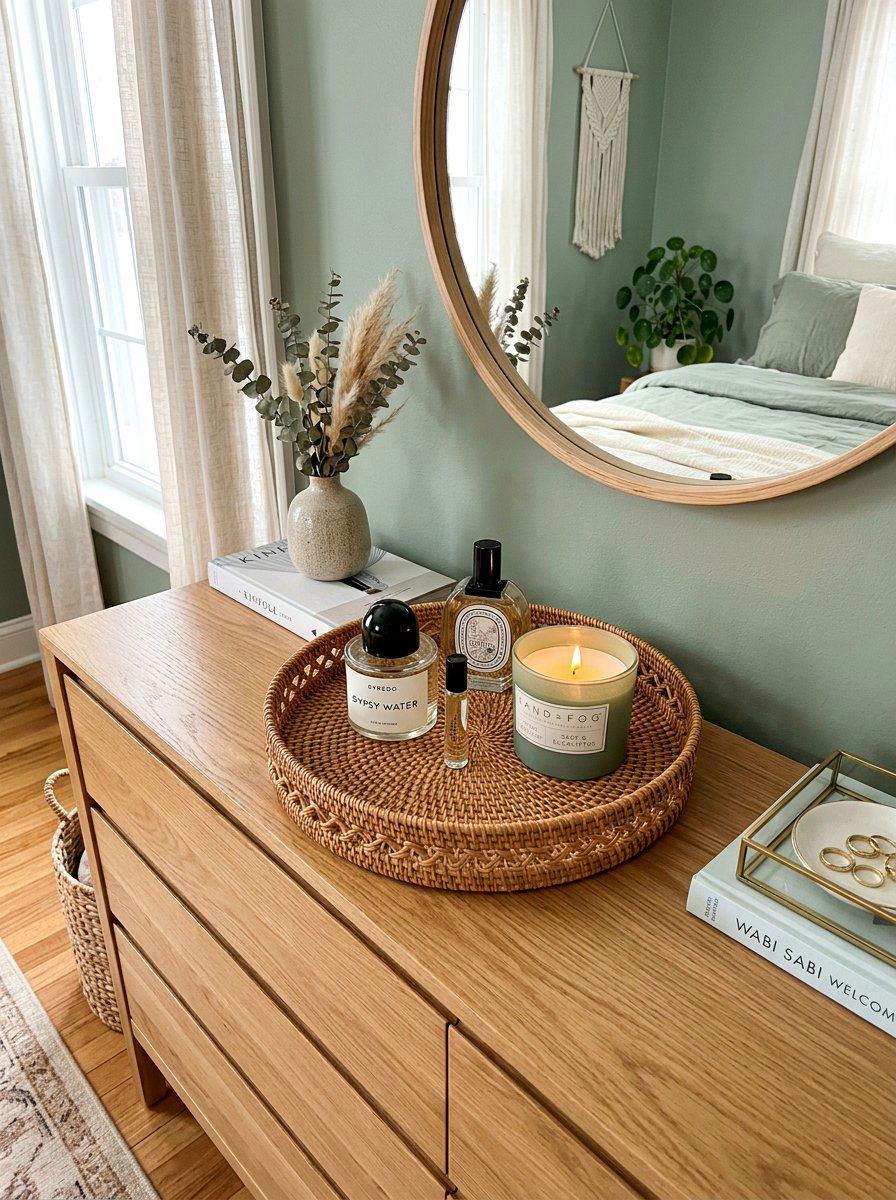 Rattan Tray - 25 Spring Bedroom Dresser Decor Ideas