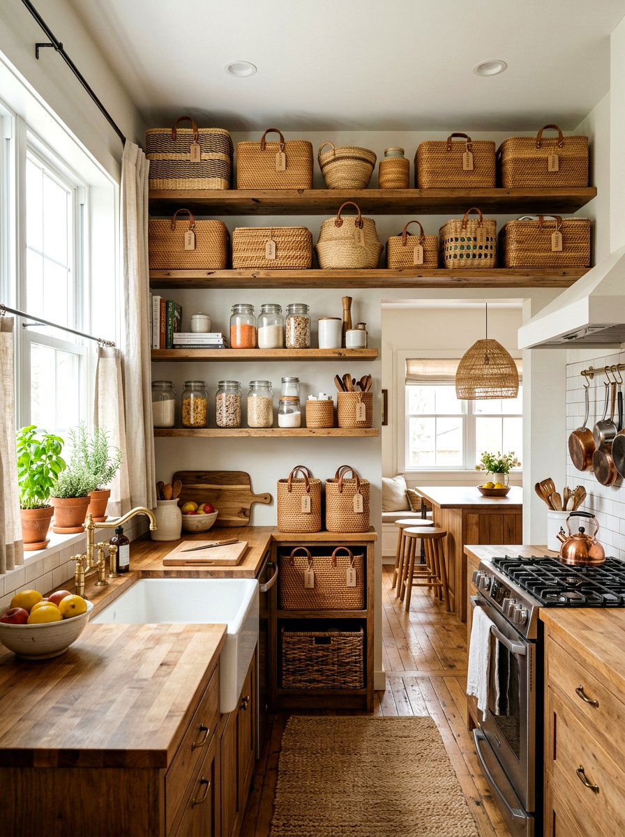 Rattan storage baskets - 25 Spring Kitchen Refresh Ideas