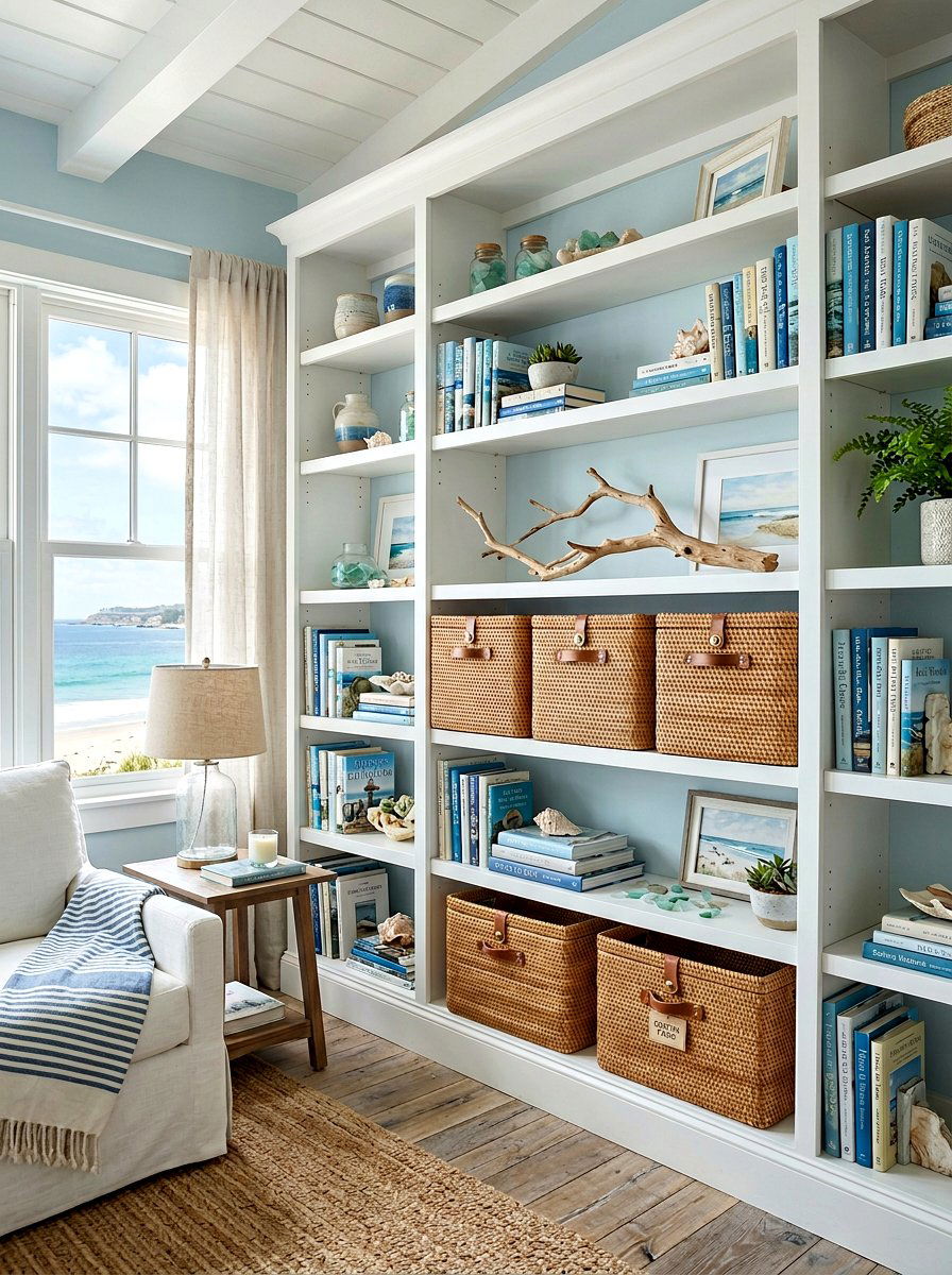 Rattan storage bins - 25 Spring Bookshelf Decor Ideas