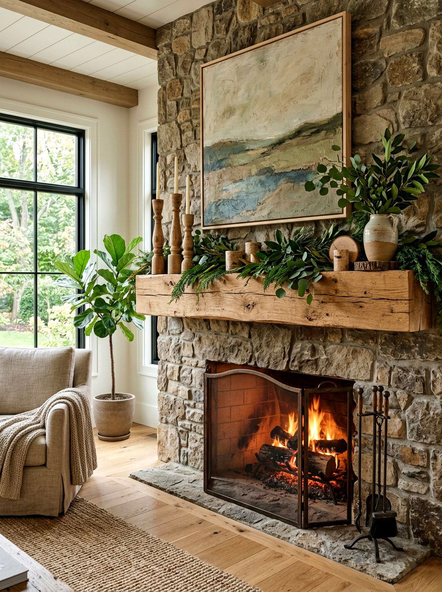 Raw Wood Mantel Decor - 25 Spring Fireplace Decor Ideas
