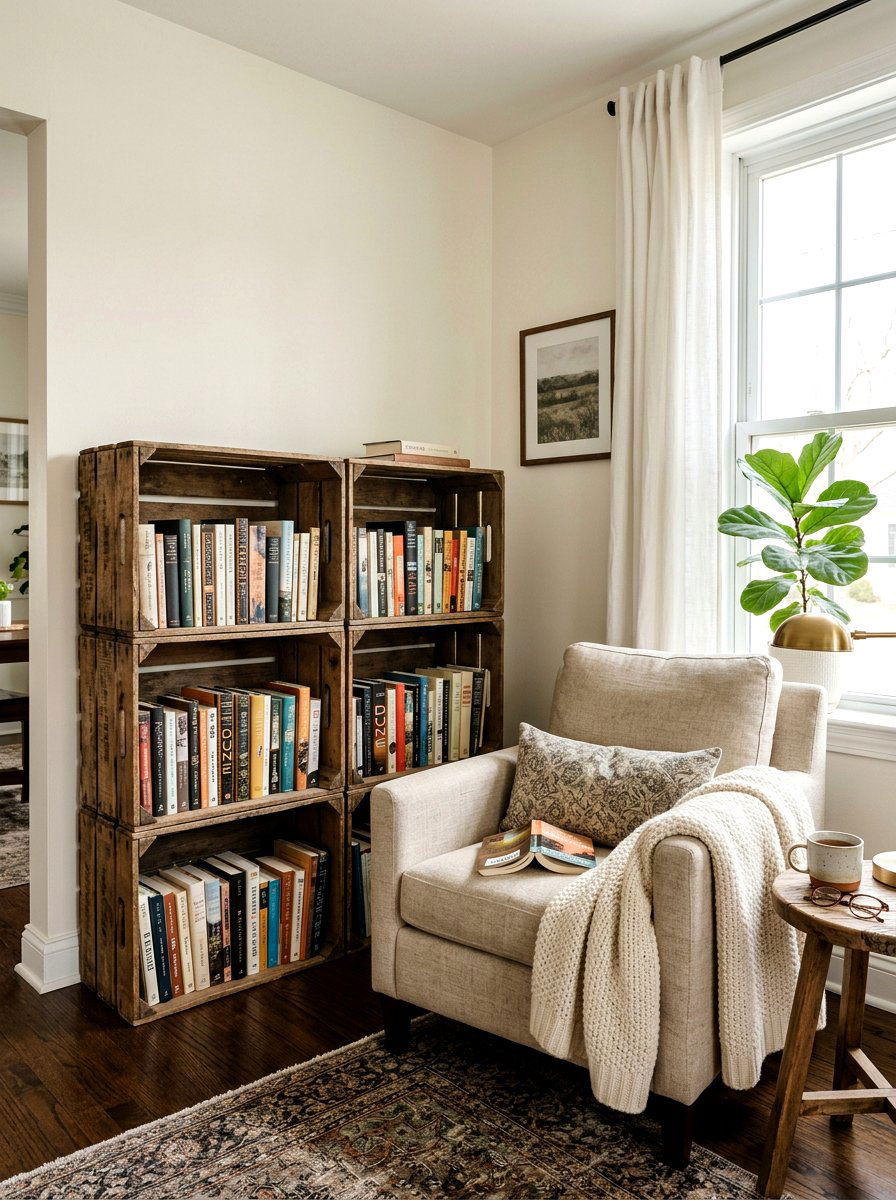Reading Nook Crate Bookshelf - 25 Spring Vintage Crate Decor Ideas