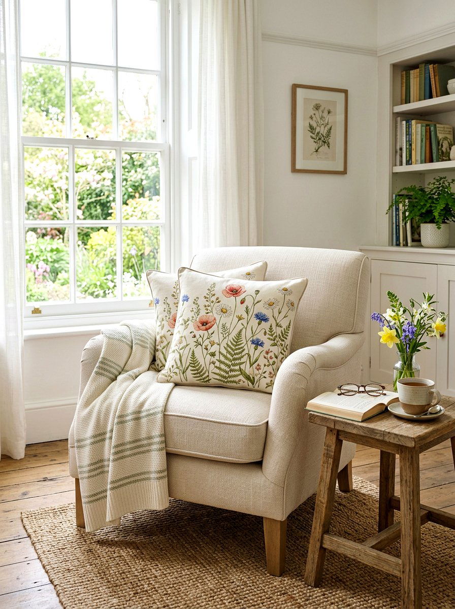 Reading chair with floral pillows - 25 Spring Library Decor Ideas