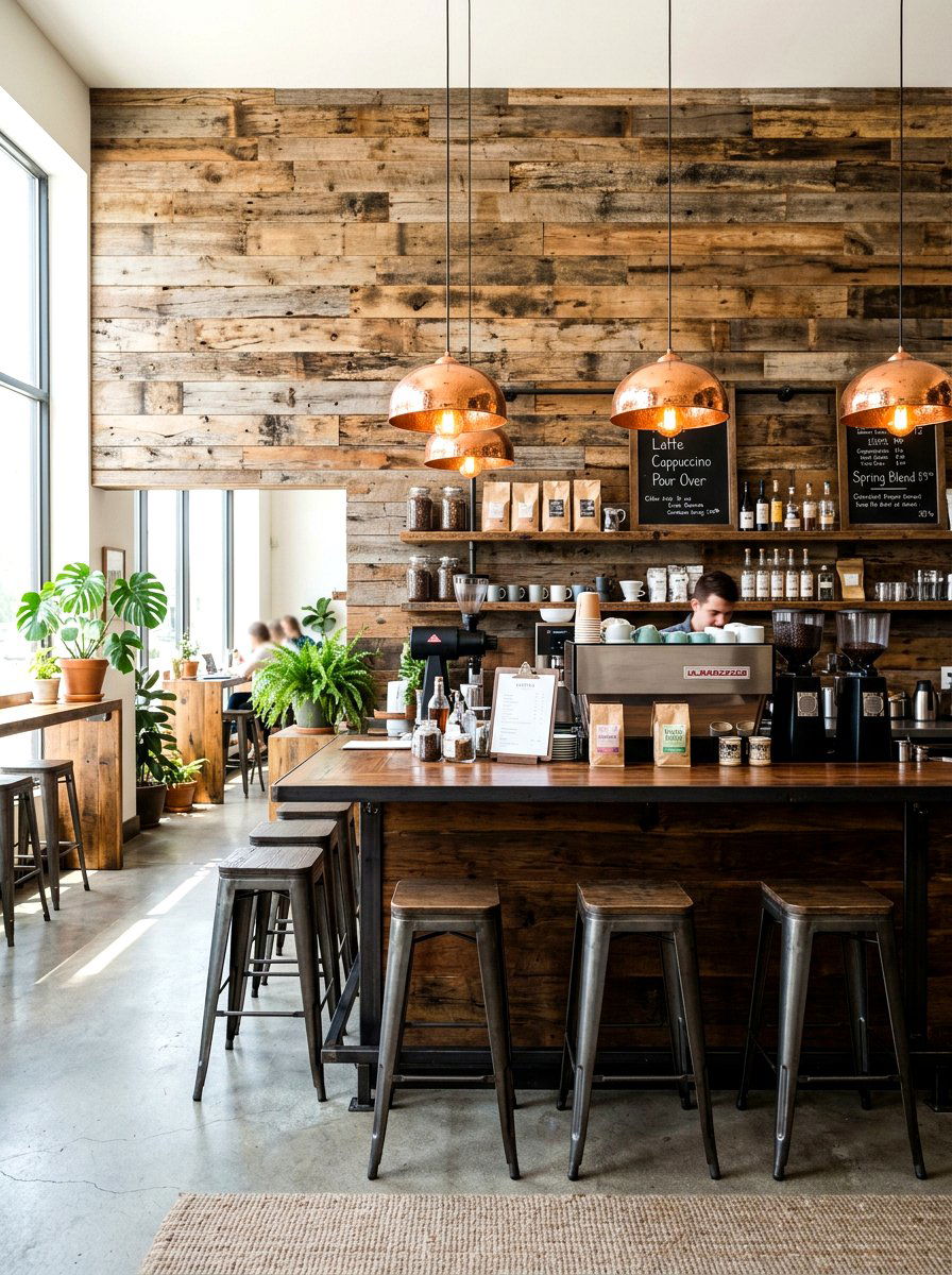 Reclaimed Wood Accent - 25 Spring Cafe Decor Ideas