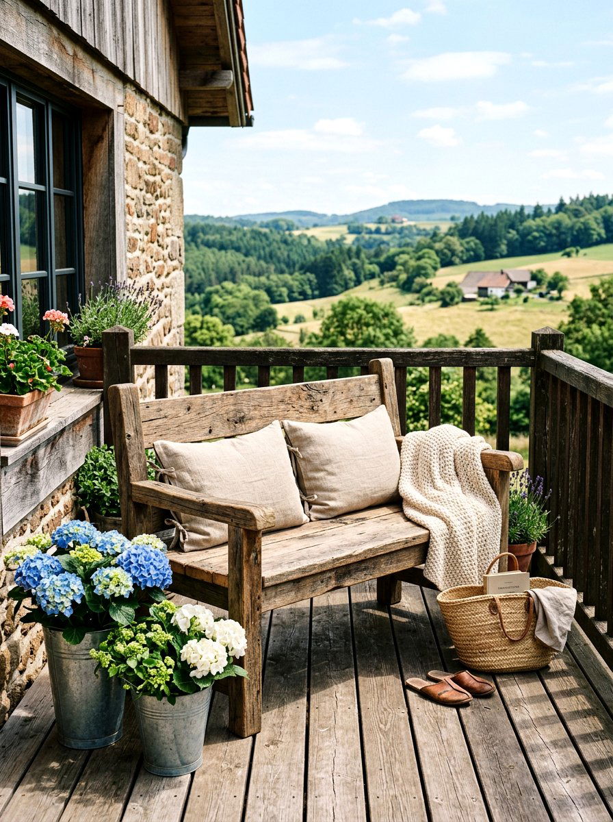Reclaimed Wood Bench - 25 Spring Balcony Seating Decor Ideas