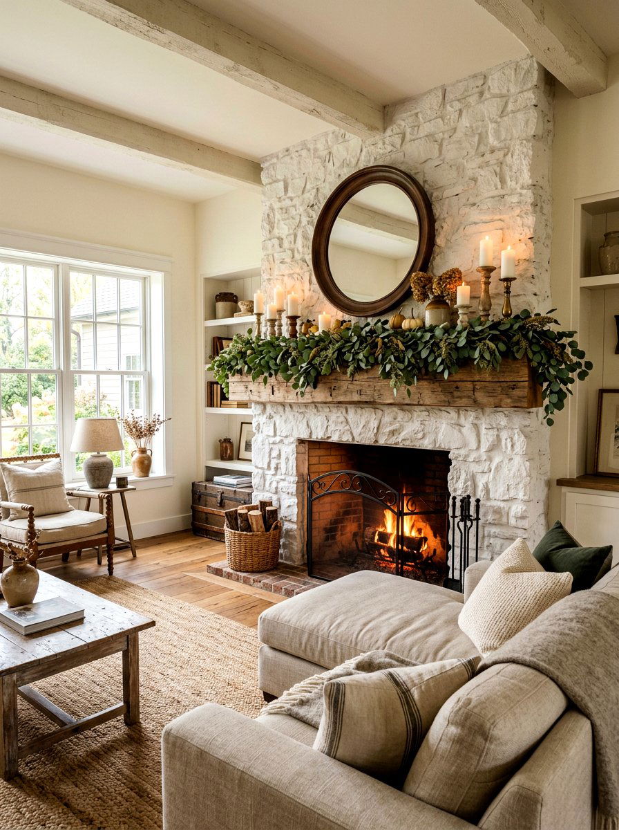 Reclaimed Wood Mantel Greenery - 25 Spring Rustic Mantel Ideas