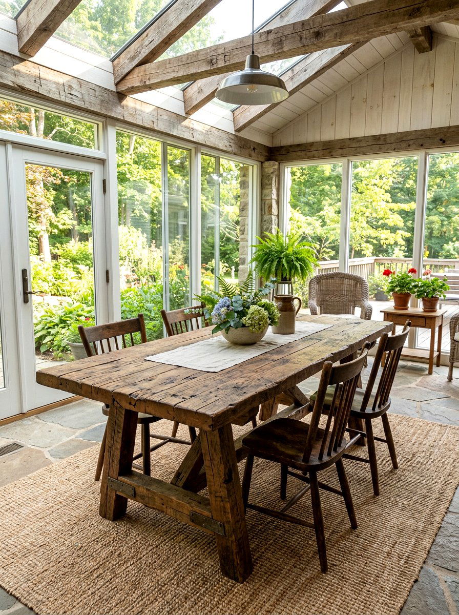 Reclaimed Wood Table - 25 Spring Three Season Room Decor Ideas