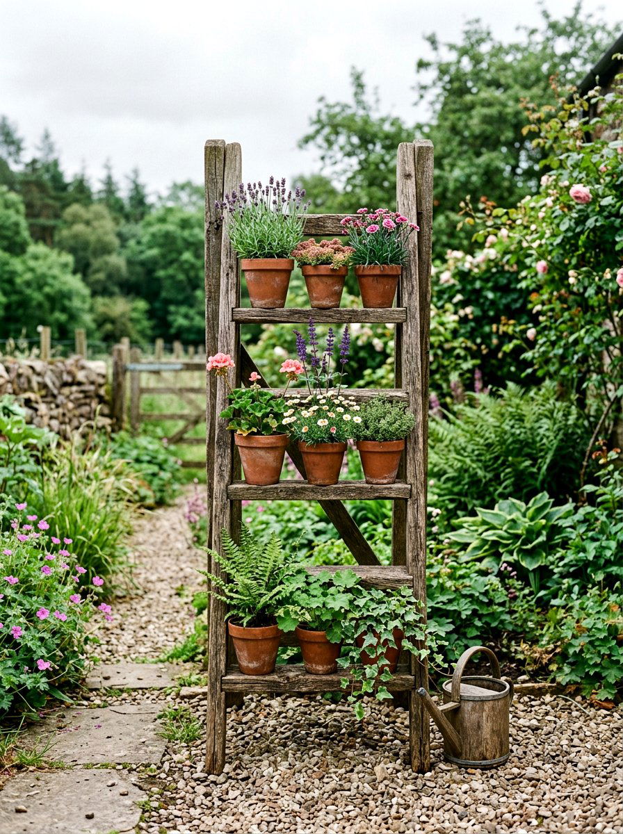 Reclaimed wood ladder garden - 25 Spring Outdoor Ladder Decor Ideas