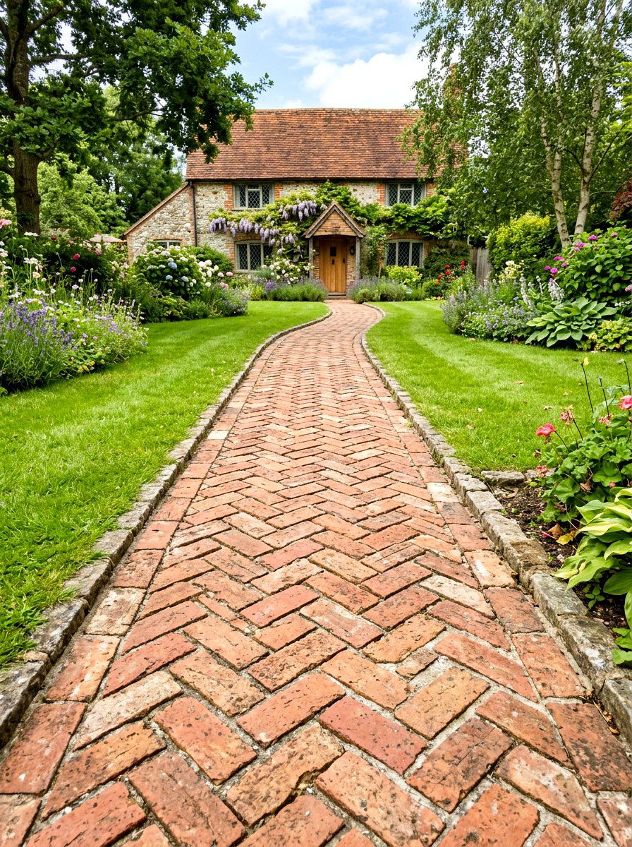 Recycled Brick Herringbone Path - 25 Spring Pathway Decor Ideas